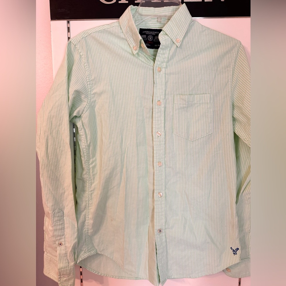 American Eagle Button Down Shirt Mens Xs Tall Green Plaid Casual